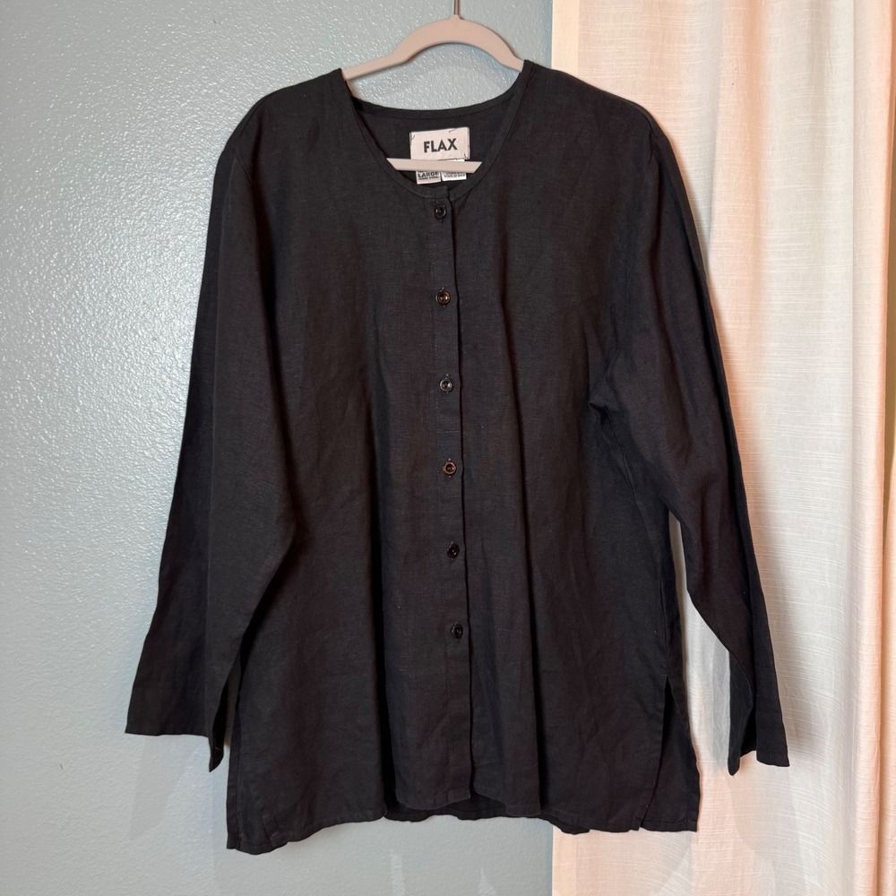 FLAX Linen Shirt Women Large Black Button Down Long Sleeve Lagenlook Minimalist